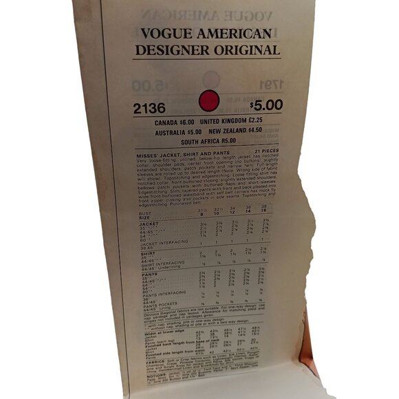 UNCUT Vintage Sewing PATTERN Vogue 2136, Ladies 1980s Jacket Shirt and Pants - Picture 2 of 2